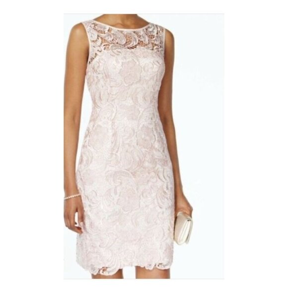 Adrianna Papell Dresses & Skirts - Adrianna Papell Ivory Lace Sheath Dress Illusion Neckline Size 10 NWT